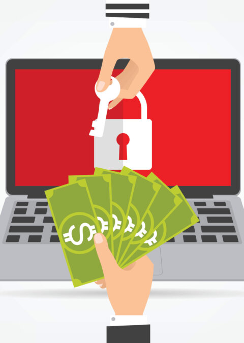 Businessman hand holding money banknote for paying the key from hacker for unlock laptop got ransomware malware virus computer. Vector illustration technology data privacy and security concept.